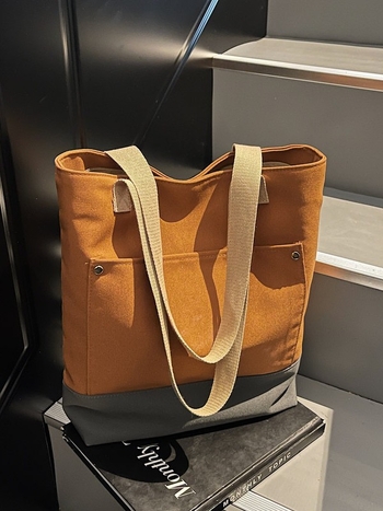 Geantă de femei din pânză Tote, capacitate mare, formă verticală pătrată, fermoar, bretele duble, căptușeală din poliester