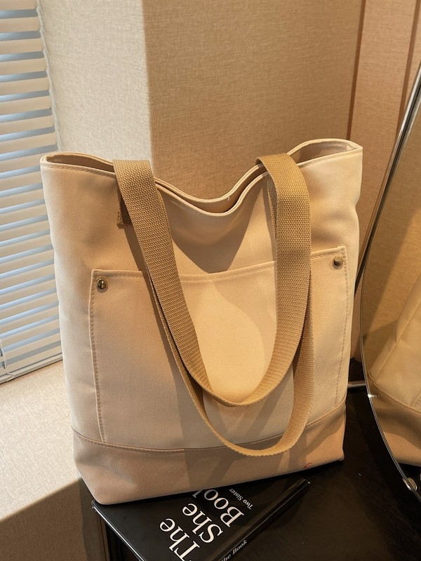 Geantă de femei din pânză Tote, capacitate mare, formă verticală pătrată, fermoar, bretele duble, căptușeală din poliester