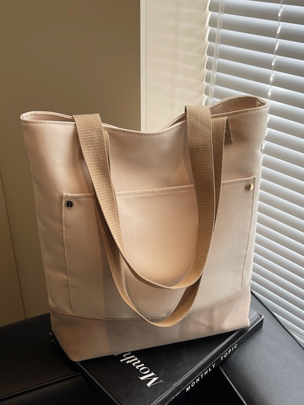 Geantă de femei din pânză Tote, capacitate mare, formă verticală pătrată, fermoar, bretele duble, căptușeală din poliester