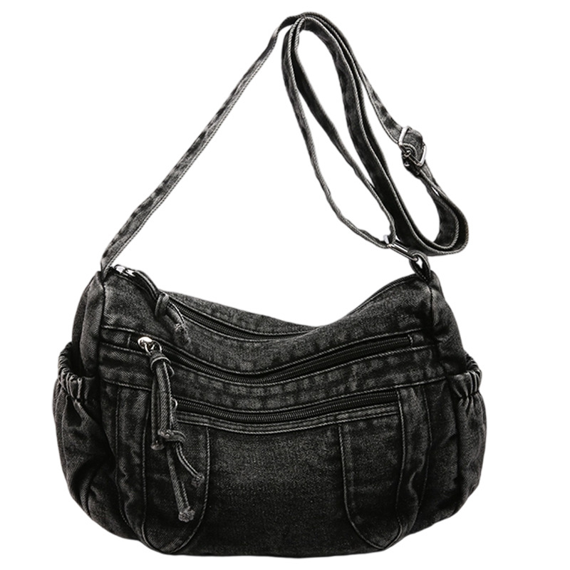 Denim crossbody torba s prednjim džepom, zatvaračem i unutarnjim džepom za telefon