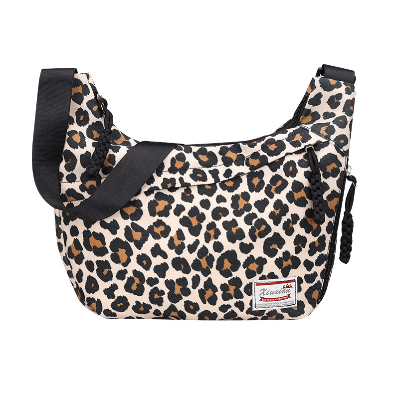 Geantă de umăr pentru femei – imprimeu leopard, stil dumpling, din canvas, fermoar, buzunare interne pentru telefon și documente