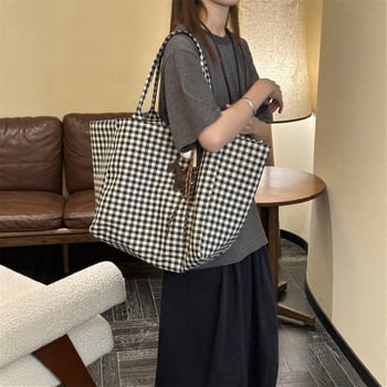 Geantă tote din poliester cu model în carouri pentru femei, croială moale, deschidere deschisă, buzunar interior cu fermoar, bretele duble