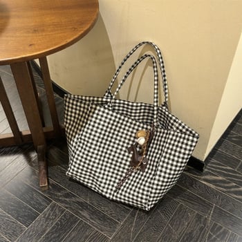 Geantă tote din poliester cu model în carouri pentru femei, croială moale, deschidere deschisă, buzunar interior cu fermoar, bretele duble