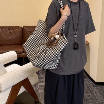 Geantă tote din poliester cu model în carouri pentru femei, croială moale, deschidere deschisă, buzunar interior cu fermoar, bretele duble