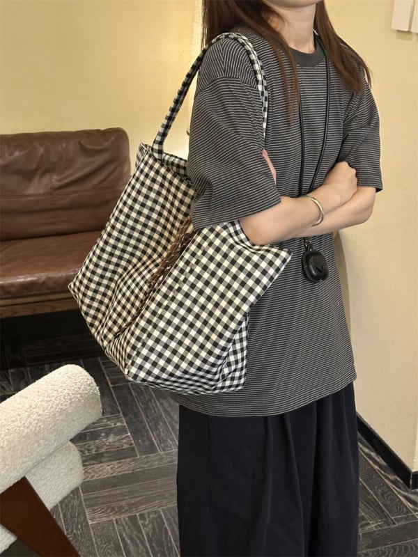 Geantă tote din poliester cu model în carouri pentru femei, croială moale, deschidere deschisă, buzunar interior cu fermoar, bretele duble