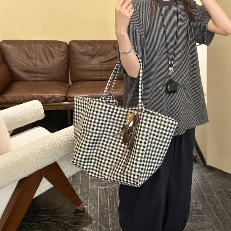 Geantă tote din poliester cu model în carouri pentru femei, croială moale, deschidere deschisă, buzunar interior cu fermoar, bretele duble
