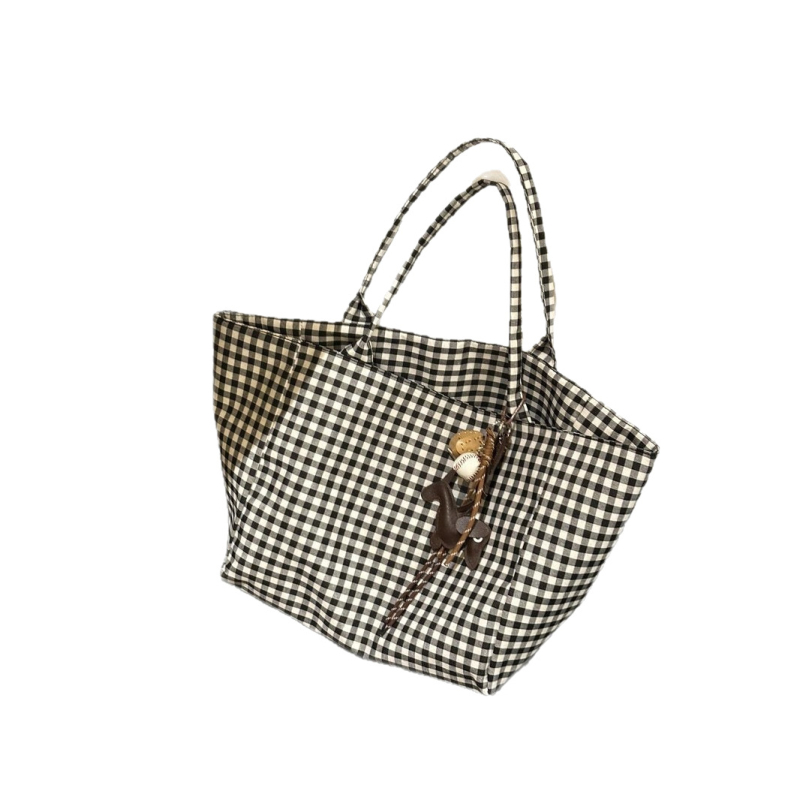 Geantă tote din poliester cu model în carouri pentru femei, croială moale, deschidere deschisă, buzunar interior cu fermoar, bretele duble