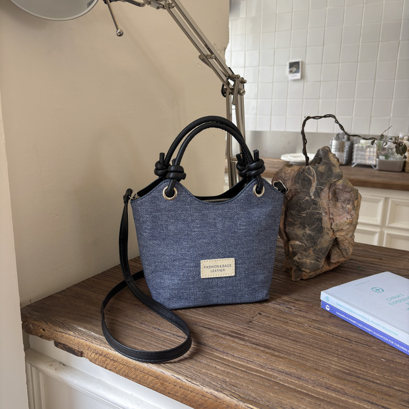 Geantă de tip găleată din pânză, stil coreean pentru femei, crossbody, închidere cu fermoar, buzunar pentru documente