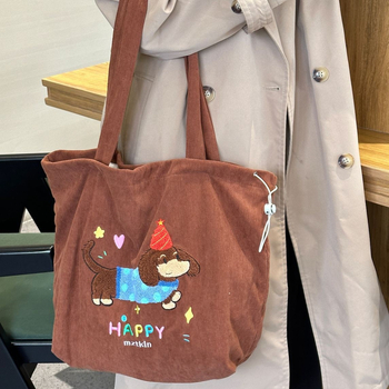 Corduroy tote táska húzózsinóros zárással, függőleges négyzet alakú forma, rejtett cipzáras zseb és ID zseb