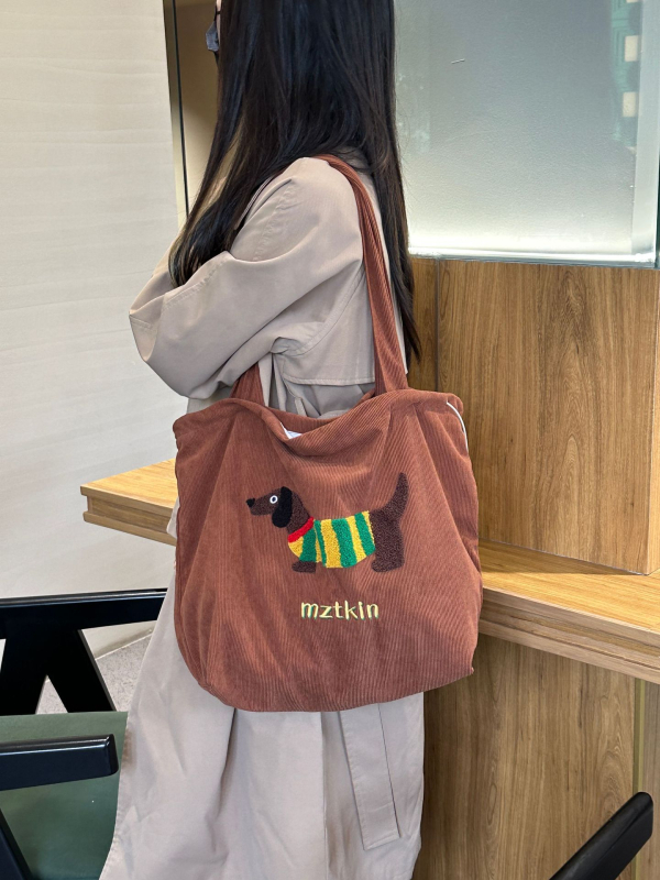 Corduroy tote táska húzózsinóros zárással, függőleges négyzet alakú forma, rejtett cipzáras zseb és ID zseb