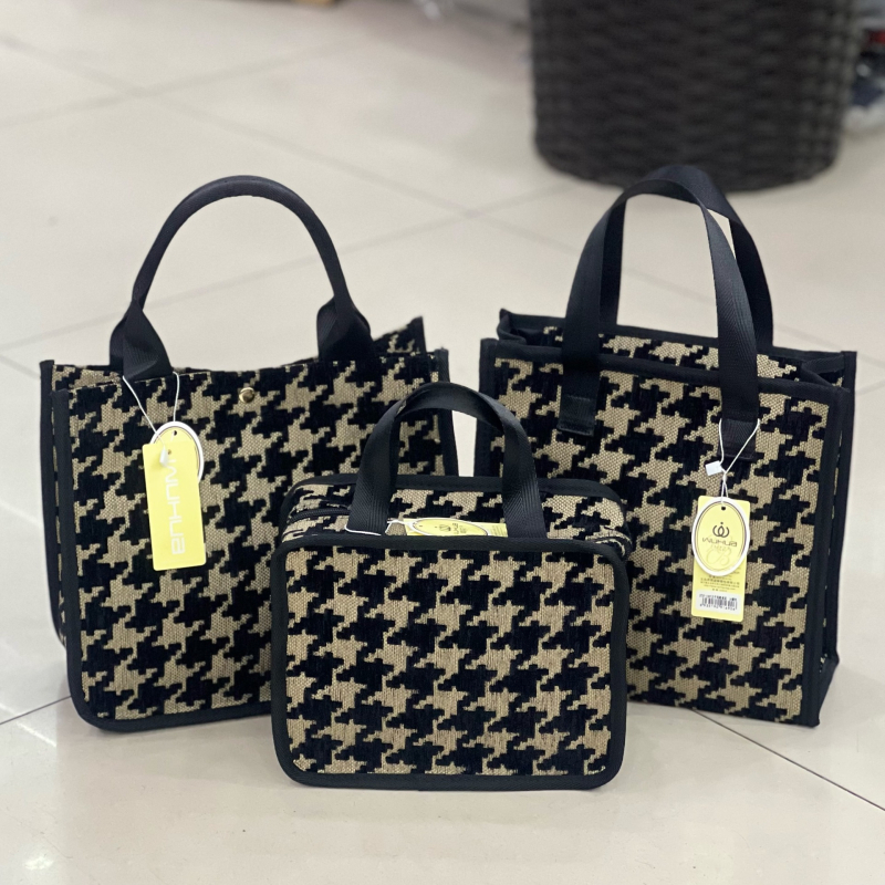 Geantă pentru machiaj și igienă într-un stil coreean, cu model haundstooth flokat, din pânză, formă vertical pătrată, pentru utilizare zilnică