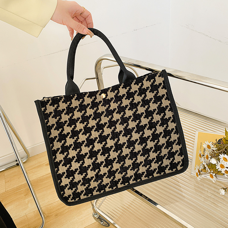 Geantă pentru machiaj și igienă într-un stil coreean, cu model haundstooth flokat, din pânză, formă vertical pătrată, pentru utilizare zilnică