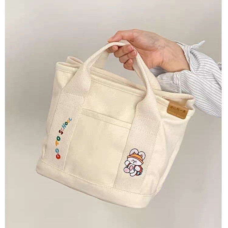 Geantă din pânză, stil neutru, cu fermoar, în formă orizontală pătrată, cu strat interior