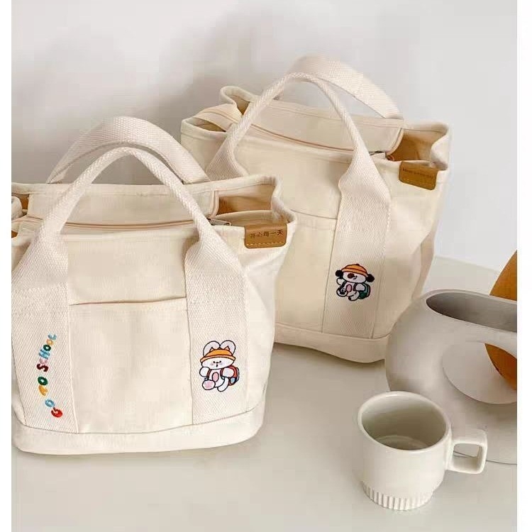 Geantă din pânză, stil neutru, cu fermoar, în formă orizontală pătrată, cu strat interior