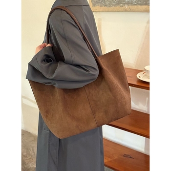 Geantă Tote din velur de piele de căprioară, stil urban, formă orizontală pătrată, închidere magnetică, buzunar pentru telefon