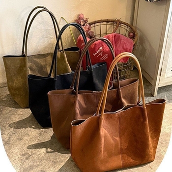 Geantă Tote din velur de piele de căprioară, stil urban, formă orizontală pătrată, închidere magnetică, buzunar pentru telefon