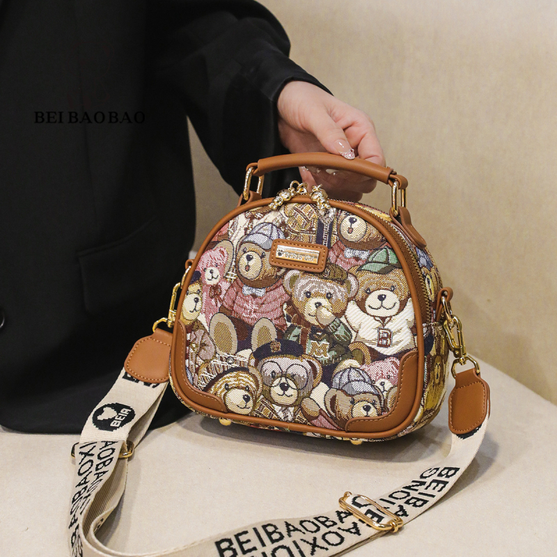 Geantă de femei din canvas, formă rotundă, închidere cu fermoar, buzunare interioare cu fermoar (buzunar secret, buzunar pentru actă, buzunar tip sandviș cu fermoar), fără căptușeală, cu o singură curea