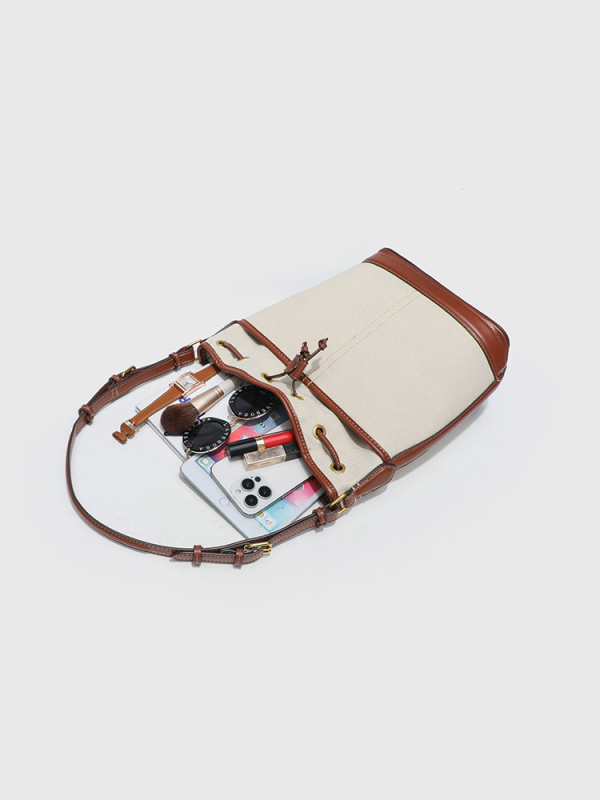 Bucket torba od platna s vezicom za zatvaranje, unutarnji džep za telefon, poliesterska podstava, dimenzije 25×13×29 cm, street fashion, korejski retro stil