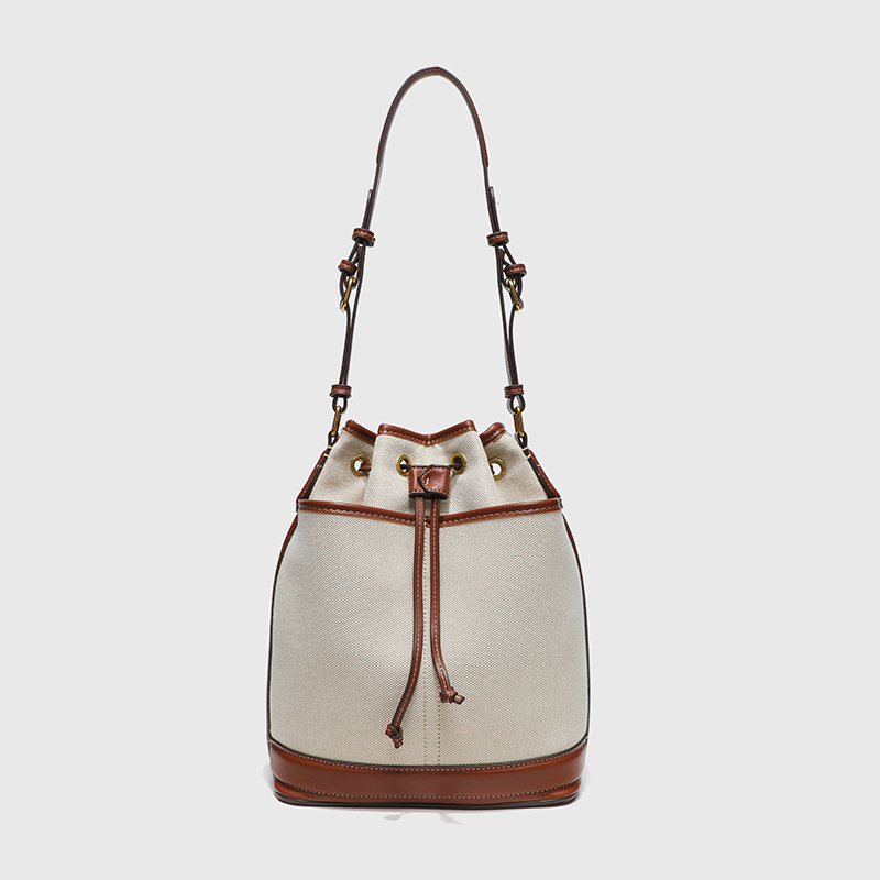 Bucket torba od platna s vezicom za zatvaranje, unutarnji džep za telefon, poliesterska podstava, dimenzije 25×13×29 cm, street fashion, korejski retro stil