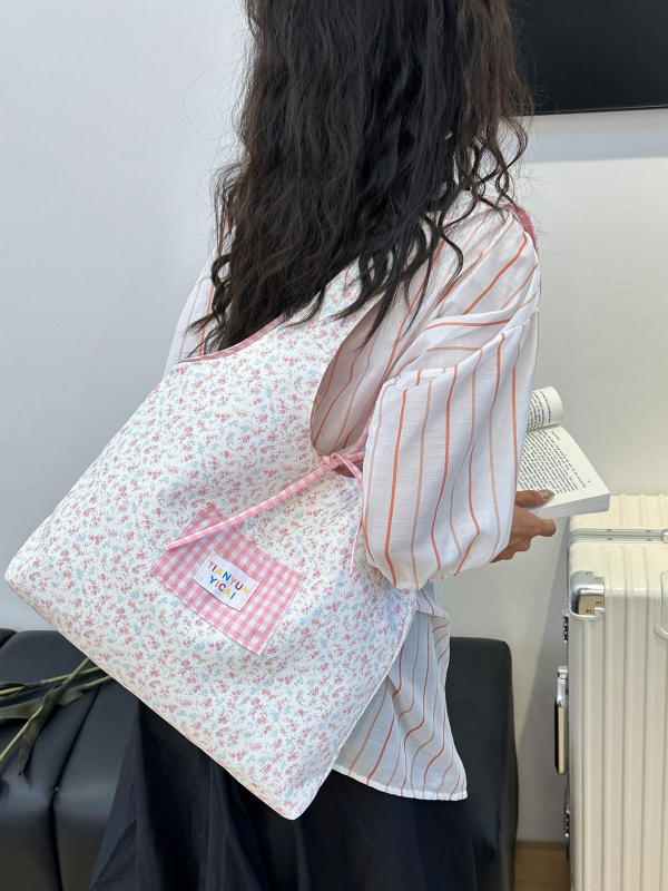 Geantă Tote florală în stil coreean pentru femei, dual-use, vară 2025, pânză, buzunare interne pentru telefon și buletin