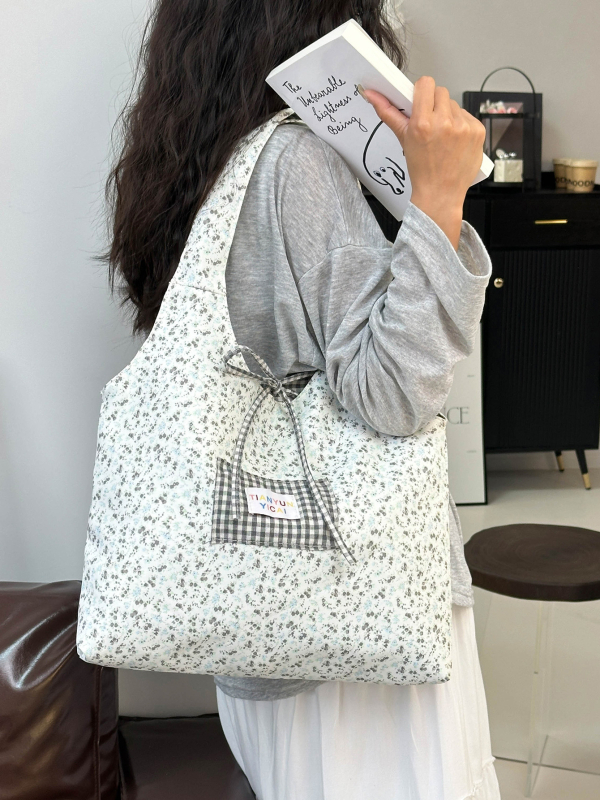Geantă Tote florală în stil coreean pentru femei, dual-use, vară 2025, pânză, buzunare interne pentru telefon și buletin