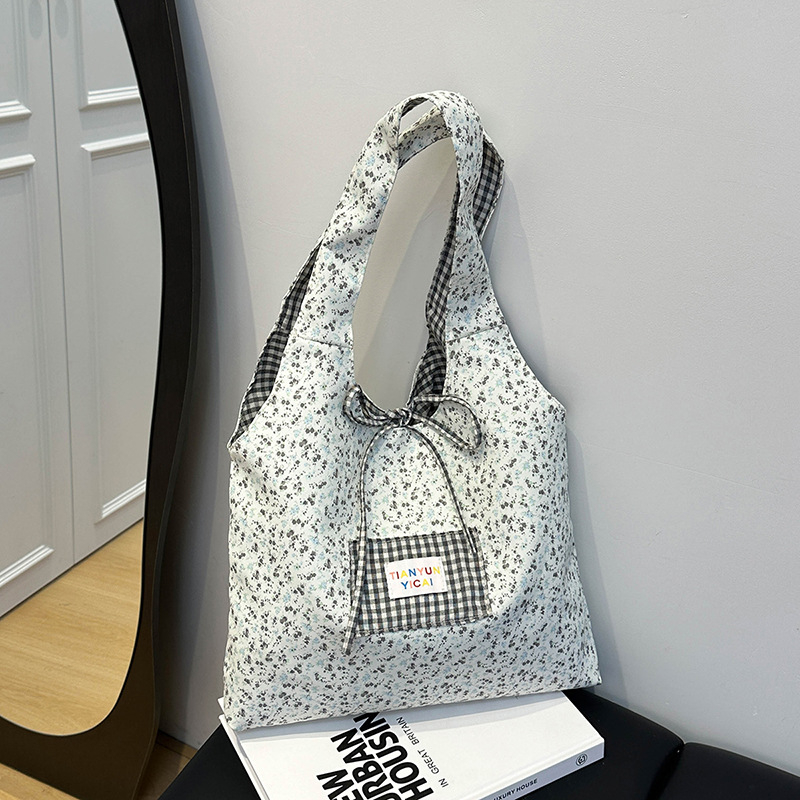 Geantă Tote florală în stil coreean pentru femei, dual-use, vară 2025, pânză, buzunare interne pentru telefon și buletin
