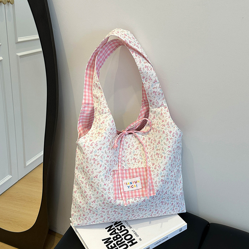 Geantă Tote florală în stil coreean pentru femei, dual-use, vară 2025, pânză, buzunare interne pentru telefon și buletin