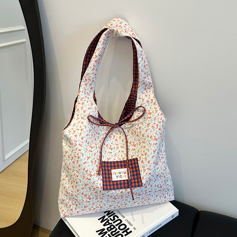Geantă Tote florală în stil coreean pentru femei, dual-use, vară 2025, pânză, buzunare interne pentru telefon și buletin