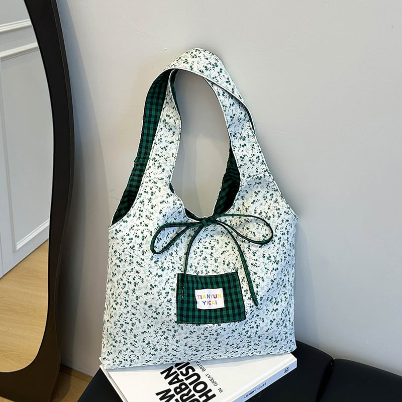 Geantă Tote florală în stil coreean pentru femei, dual-use, vară 2025, pânză, buzunare interne pentru telefon și buletin