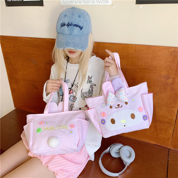 Geantă din pânză cu urechi de iepure, formă verticală pătrată, închidere cu fermoar, buzunar interior pentru telefon, curele duble de umăr