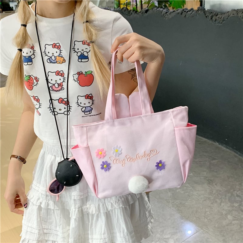 Geantă din pânză cu urechi de iepure, formă verticală pătrată, închidere cu fermoar, buzunar interior pentru telefon, curele duble de umăr