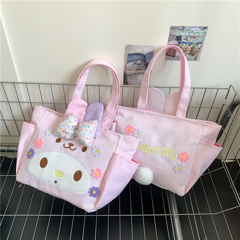 Geantă din pânză cu urechi de iepure, formă verticală pătrată, închidere cu fermoar, buzunar interior pentru telefon, curele duble de umăr