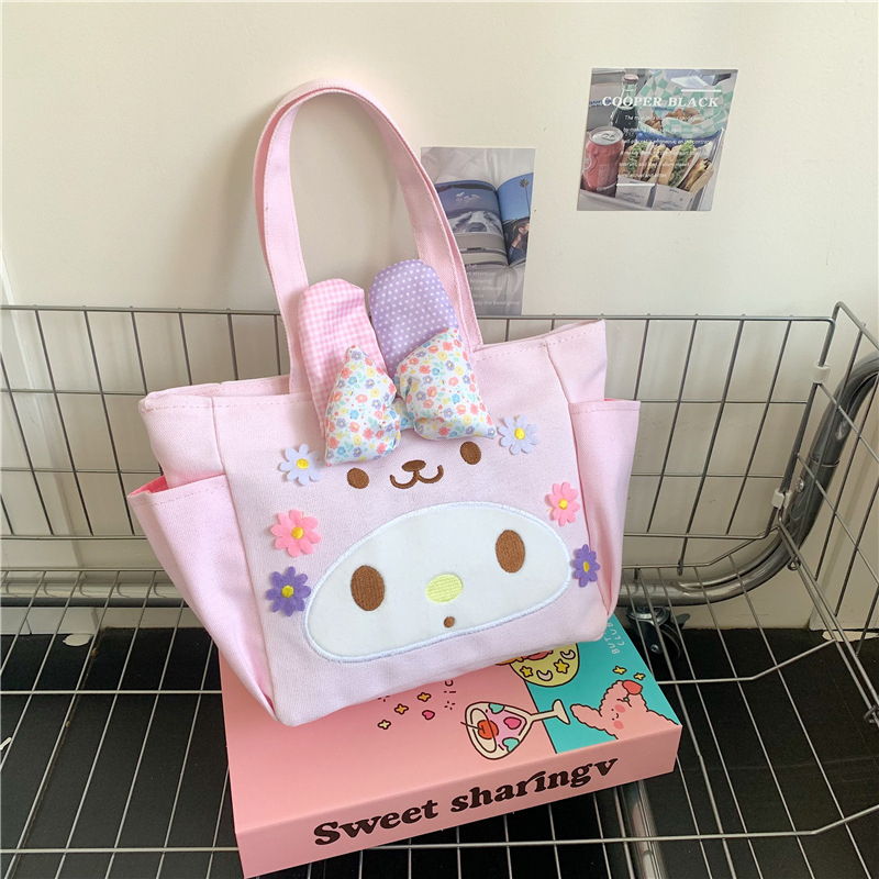 Geantă din pânză cu urechi de iepure, formă verticală pătrată, închidere cu fermoar, buzunar interior pentru telefon, curele duble de umăr