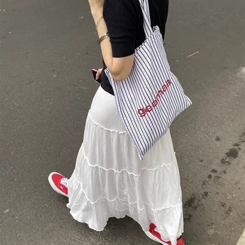 Torba za rame u korejskom stilu, dizajn s prugastim slovima, platnena, velika zapremina, svakodnevna upotreba