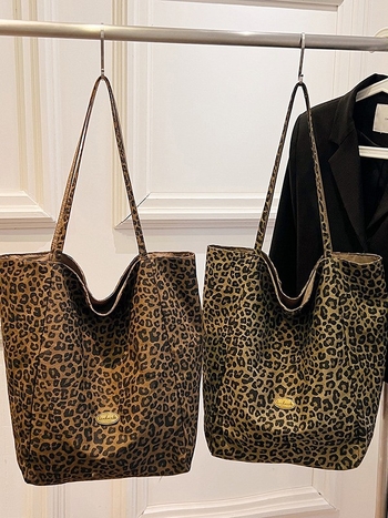 Ženska platnena torba s leopard printom, bucket oblik, reverzibilna, velika kapaciteta, jednostavan svakodnevni stil za posao