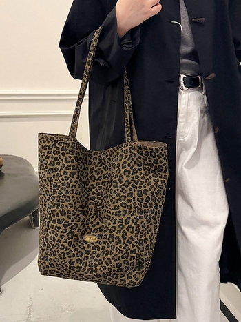 Ženska platnena torba s leopard printom, bucket oblik, reverzibilna, velika kapaciteta, jednostavan svakodnevni stil za posao