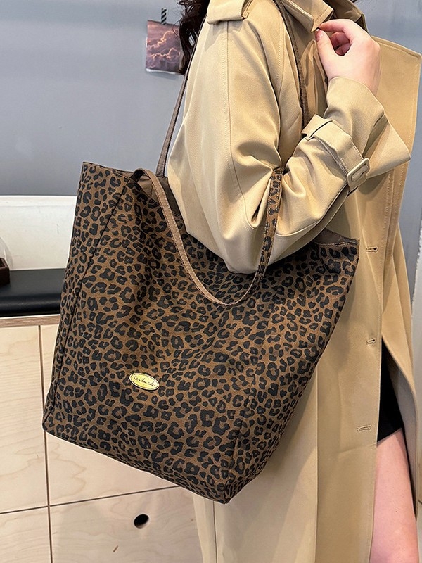 Ženska platnena torba s leopard printom, bucket oblik, reverzibilna, velika kapaciteta, jednostavan svakodnevni stil za posao