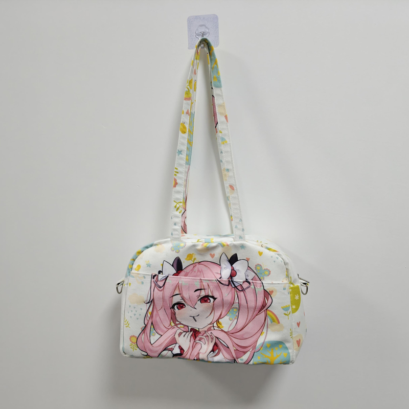 Jacquardový plátený crossbody taška, detský karikatúrny štýl, horizontálny štvorcový tvar, zipsové otvorenie, laminovaná vnútorná kapsa