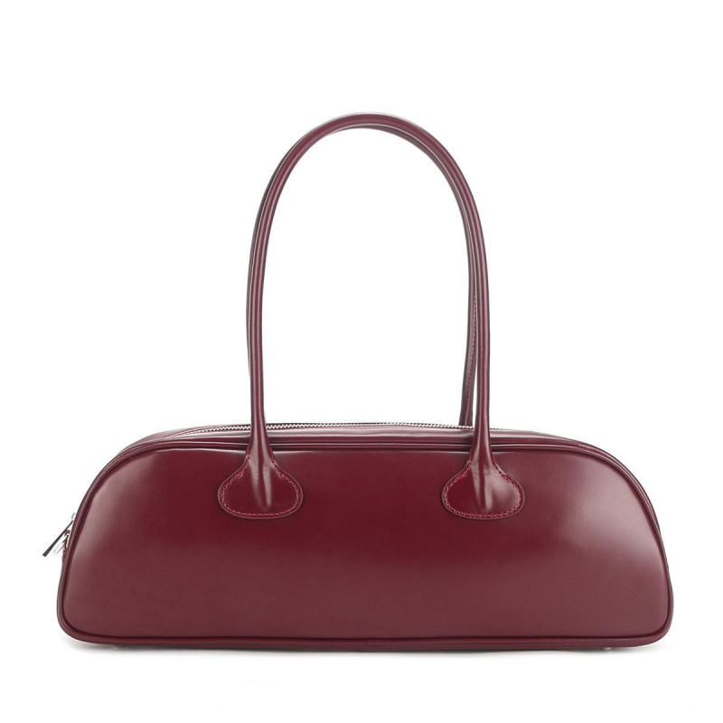 Geantă baguette din piele naturală pentru crossbody, stil urban, bretele duble, închidere cu fermoar, căptușeală din pânză