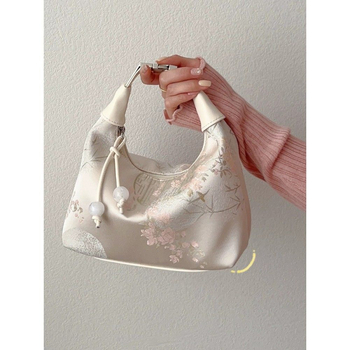 Geantă unisex în stil chinezesc, broderie din mătase, formă semilună, din pânză, căptușire din mătase, primăvara 2025