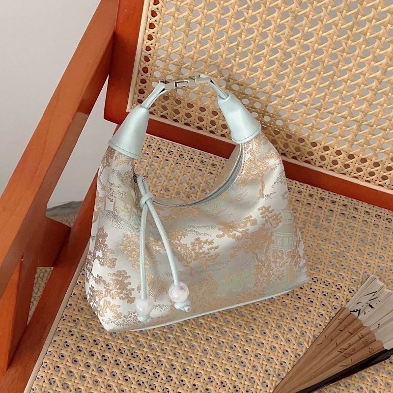 Geantă unisex în stil chinezesc, broderie din mătase, formă semilună, din pânză, căptușire din mătase, primăvara 2025