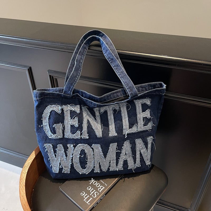 Denim Tote torba, street fashion, proljeće 2025, vodoravni kvadratni oblik, dvostruke ručke