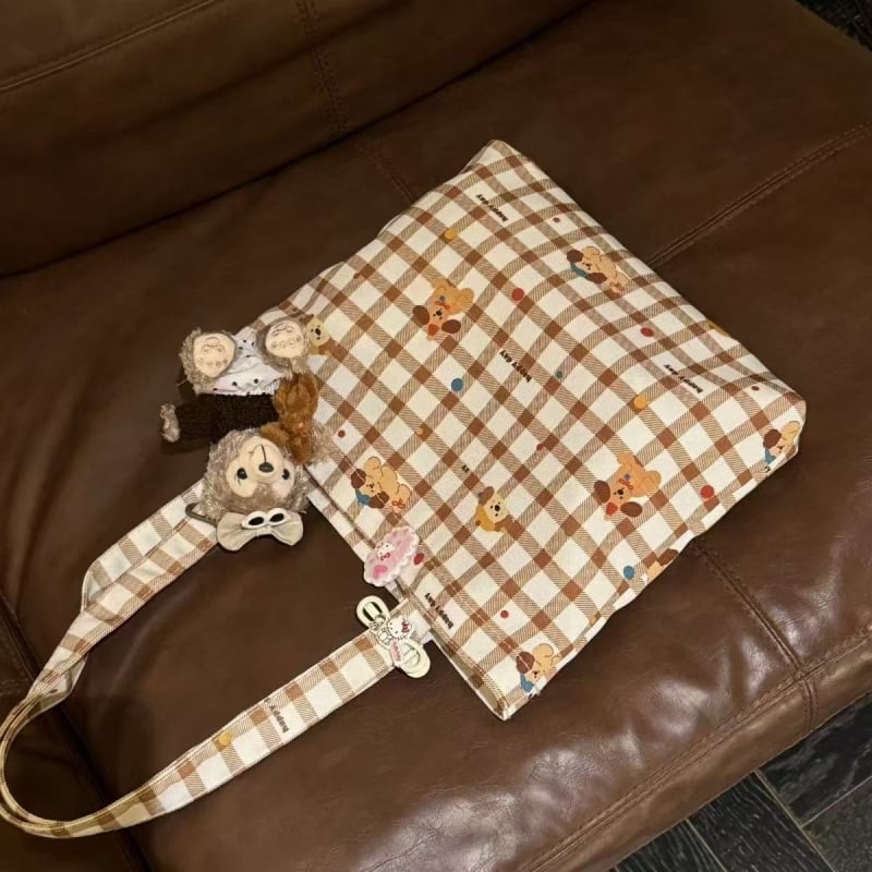 Torba od platna s kariranim uzorkom, retro vertikalna kvadratna torba preko ramena, otvoreni vrh, laminirani pretinac sa zipom, dvostruke naramenice