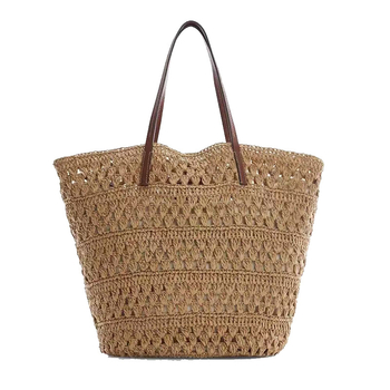 Geantă tote din pai, formă orizontală pătrată, căptușeală din pânză, buzunar interior cu fermoar laminat