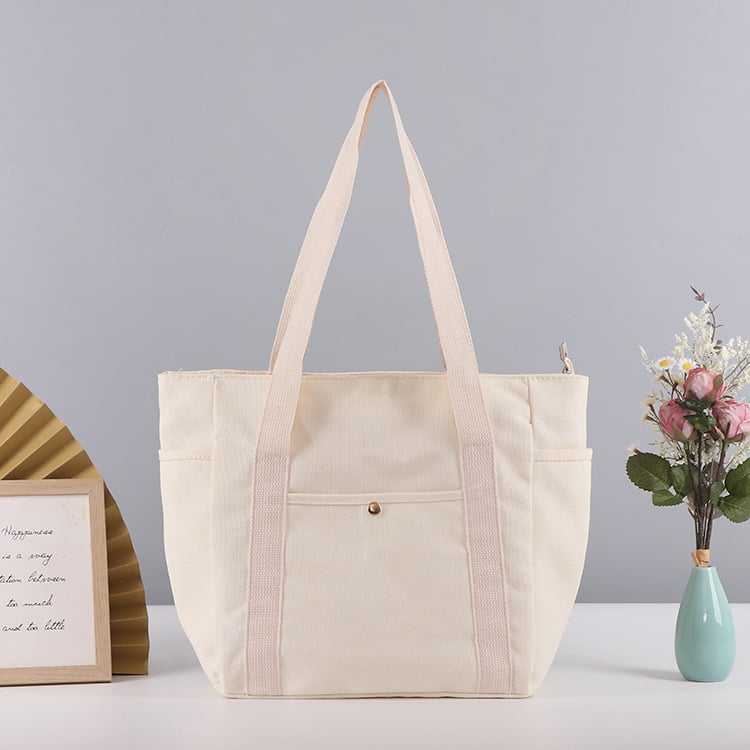 Vászon Tote táska munka és ingázáshoz, sokoldalú válltáska diákoknak könyvek szállításához, cipzáras táska (Anyag: vászon; Stílus: válltáska; Logó nyomtatás: igen; Nyomtatási módszerek: szitanyomás / gépi nyomtatás / digitális nyomtatás / hőtranszfer; Test