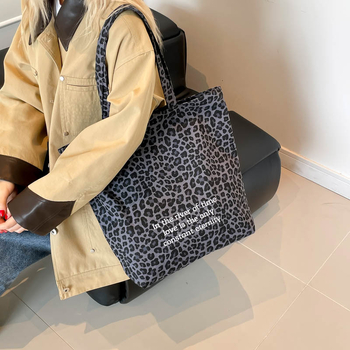 Torba Tote od platna s leopard printom, korejskog stila, zatvaračem i pretincom za telefon