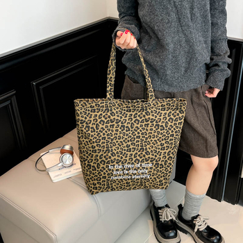Torba Tote od platna s leopard printom, korejskog stila, zatvaračem i pretincom za telefon