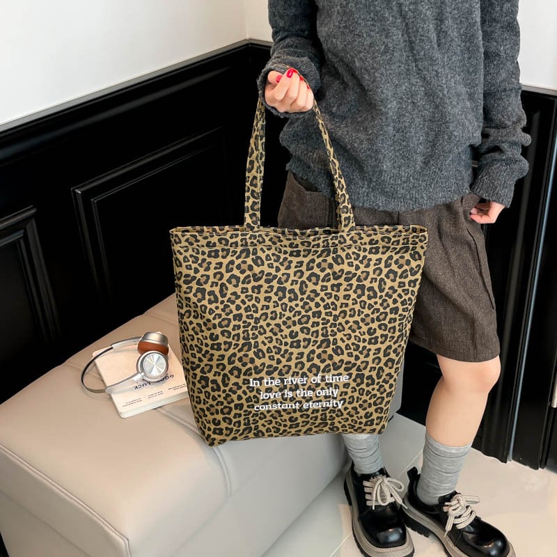Torba Tote od platna s leopard printom, korejskog stila, zatvaračem i pretincom za telefon