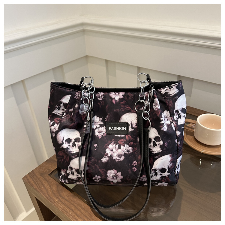 Torba Tote od kanvasa sa motivom lubanje, korejski gradski stil, moderan dizajn, zatvarač, poliesterska podstava