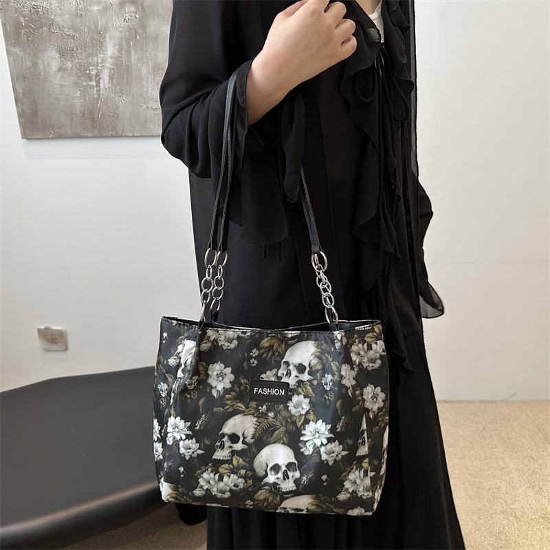 Torba Tote od kanvasa sa motivom lubanje, korejski gradski stil, moderan dizajn, zatvarač, poliesterska podstava